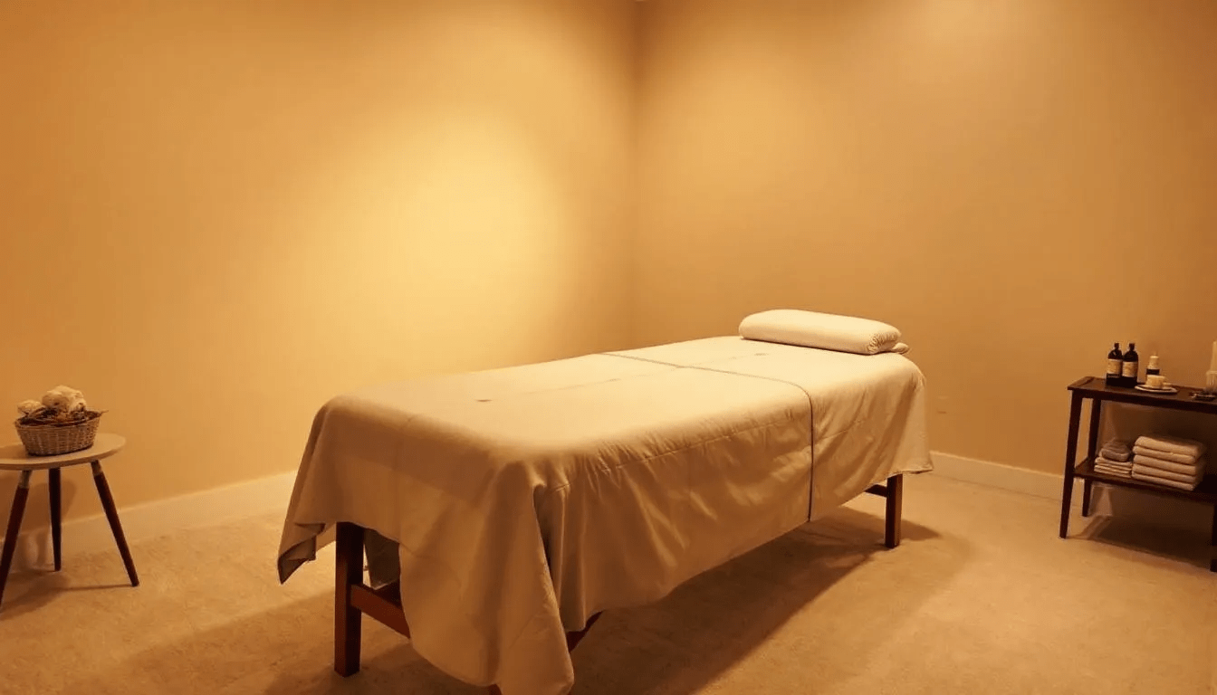 a freshly prepared massage room with a table and towels ready for the next customer