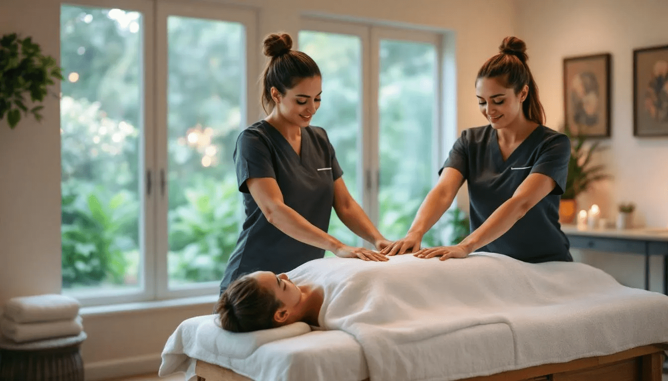 two masseuses working in tandem on a female client in a lovely and calm massage room at a day spa